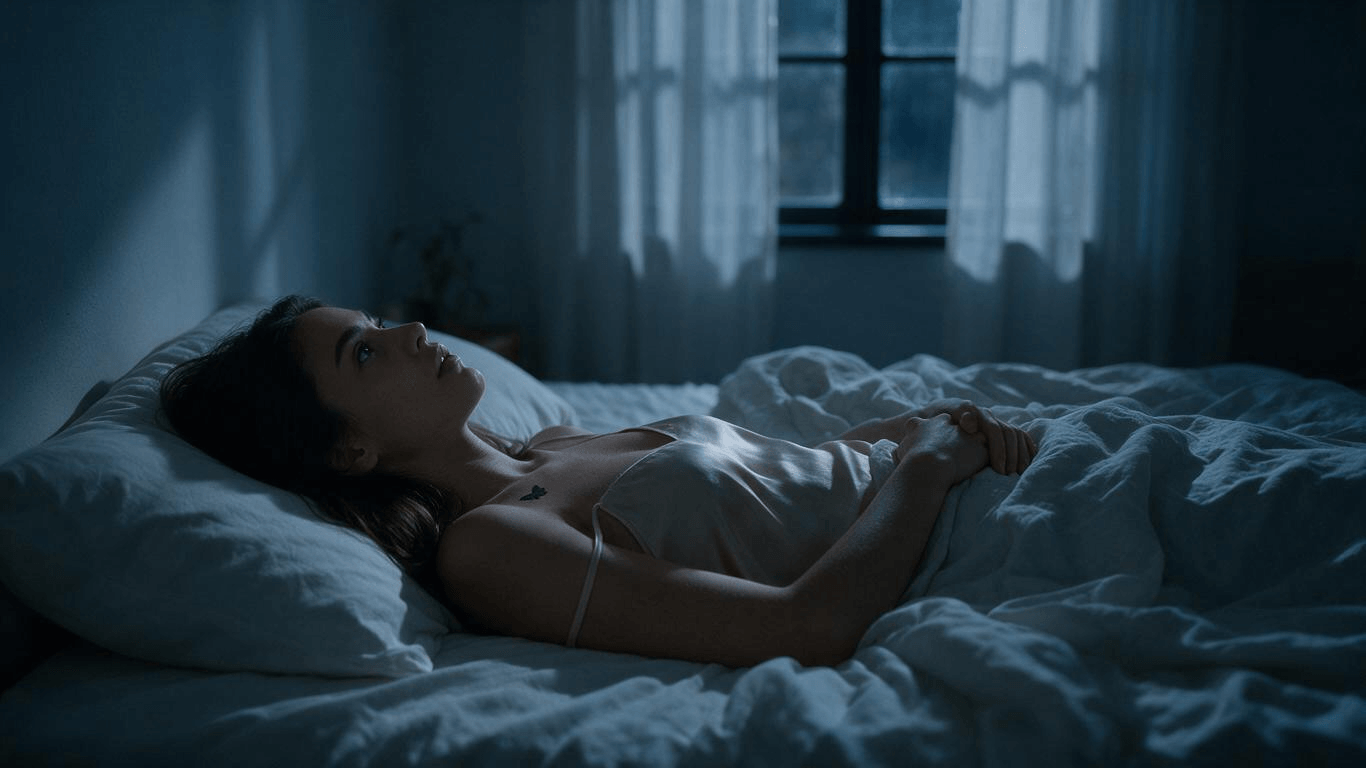 Person lying awake at 3 AM overthinking, illustrating a Stoic method to stop nighttime anxiety and finally sleep