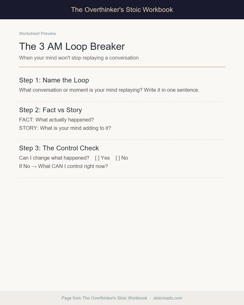 3 AM Loop Breaker worksheet preview - stop racing thoughts with Stoic exercises