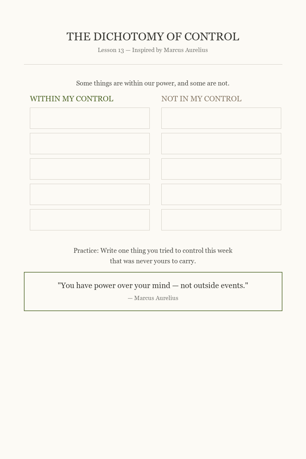 Dichotomy of control worksheet - separate what you can control from what you cannot