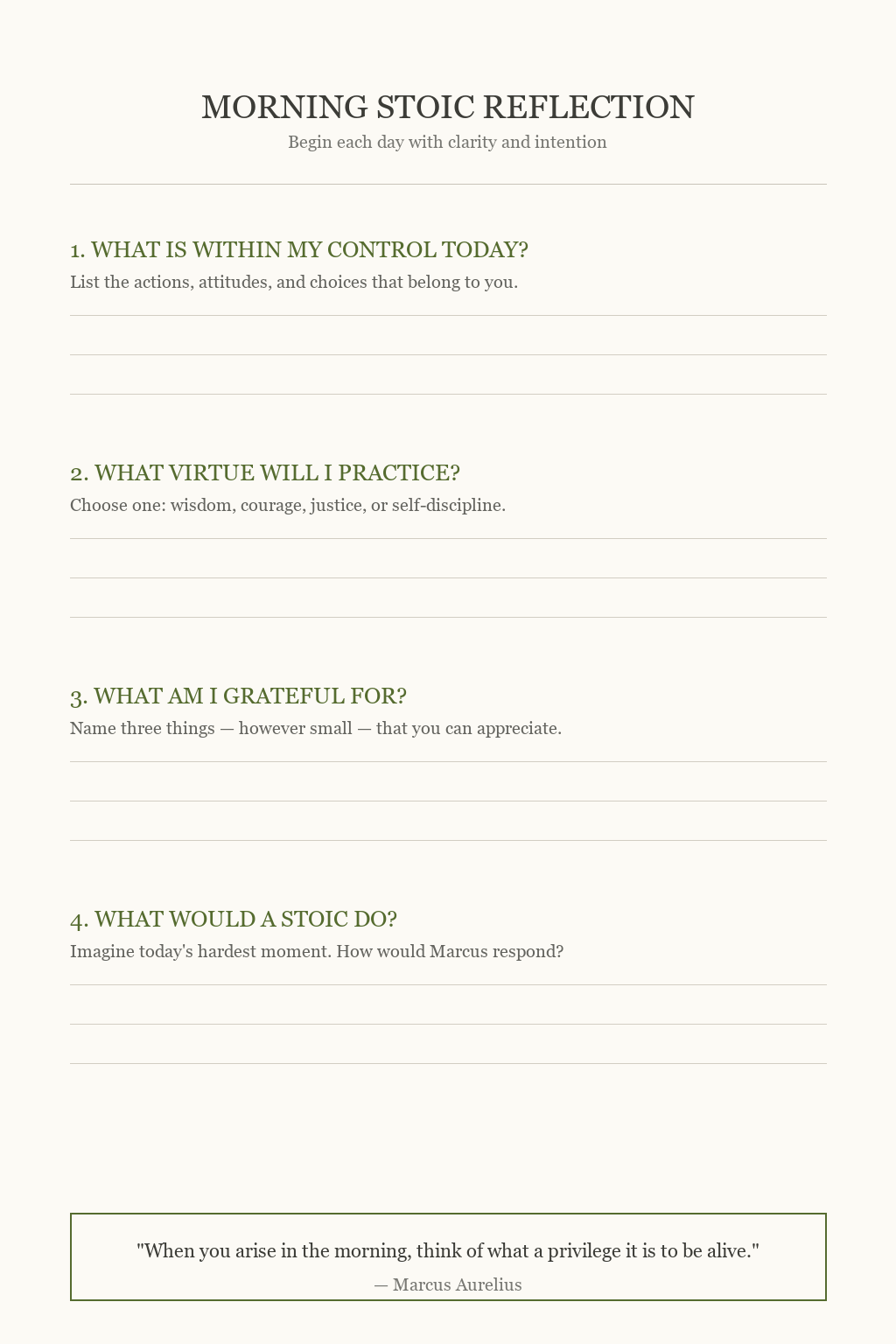 Morning Stoic reflection journal page - daily prompts for clarity and intention
