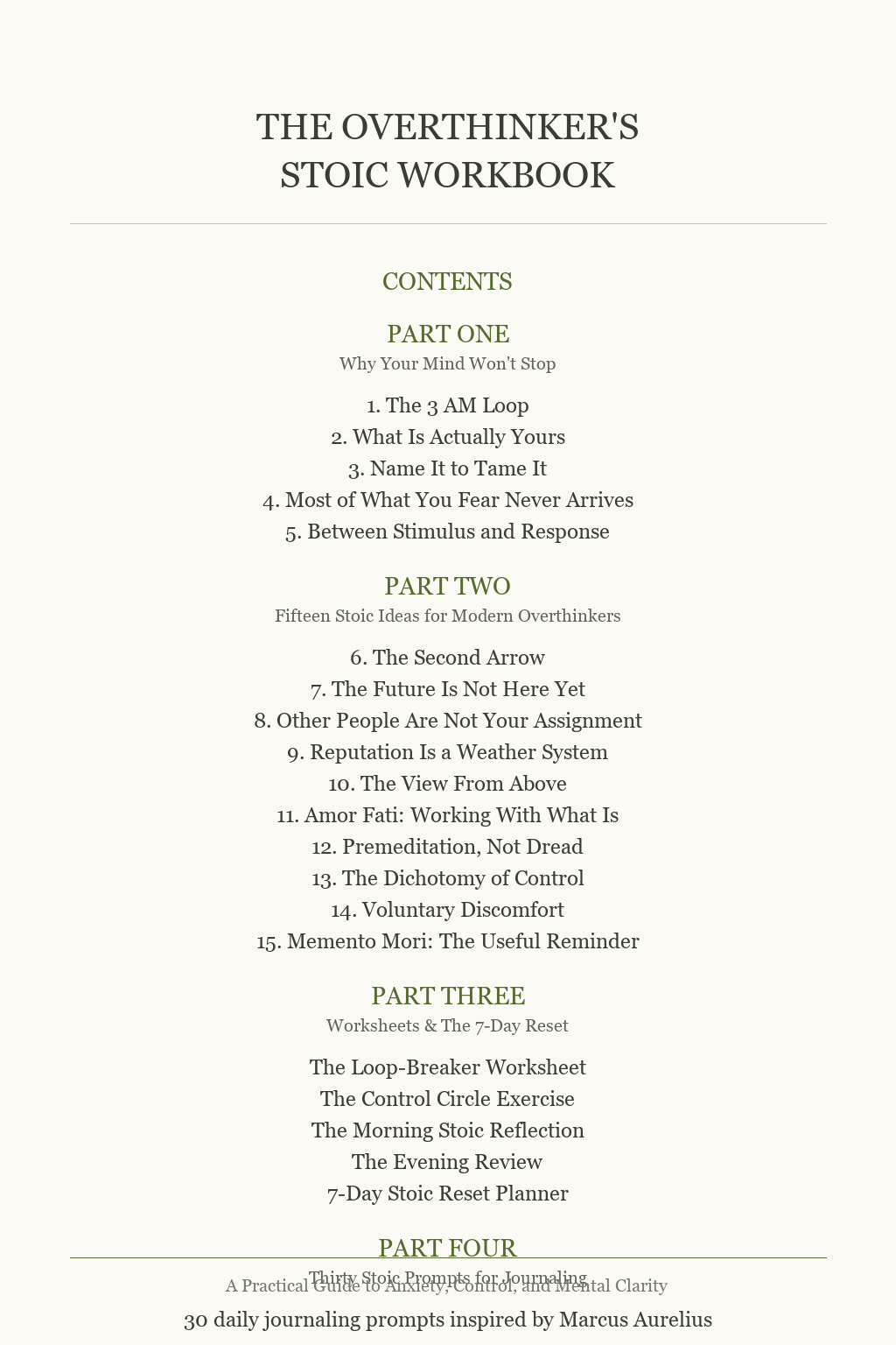 Stoic workbook table of contents - 15 lessons, worksheets, and 30 journaling prompts